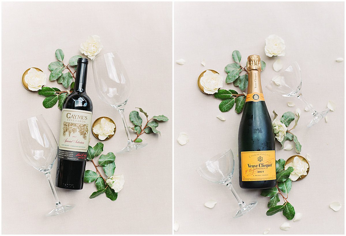 Bottle of Wine with Wine Glasses and Bottle of Champagne with Glasses Photos