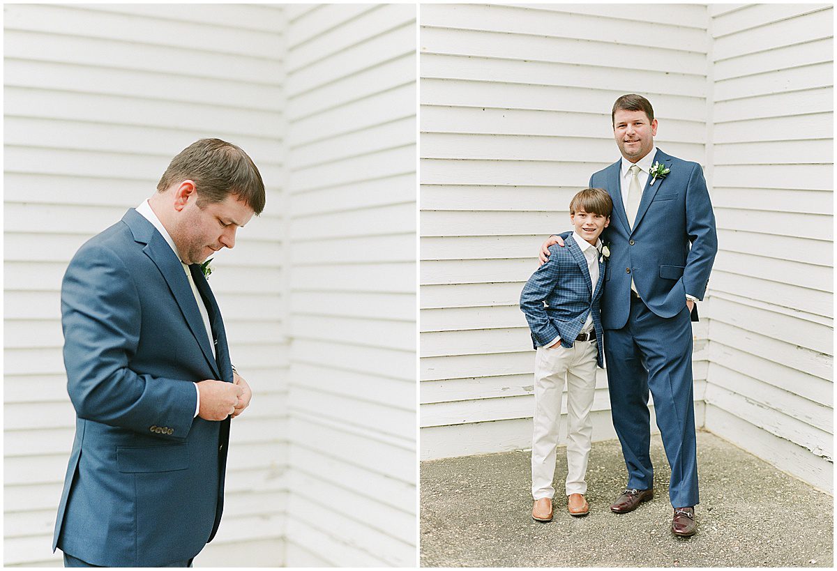 Groom Buttoning Coat and with Son Photos