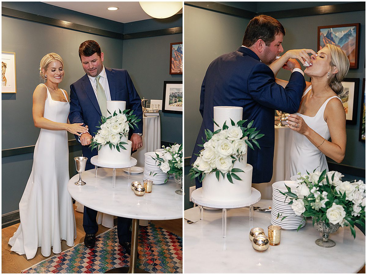Highlands North Carolina Wedding Reception Bride and Groom Cutting and Eating Cake Photos