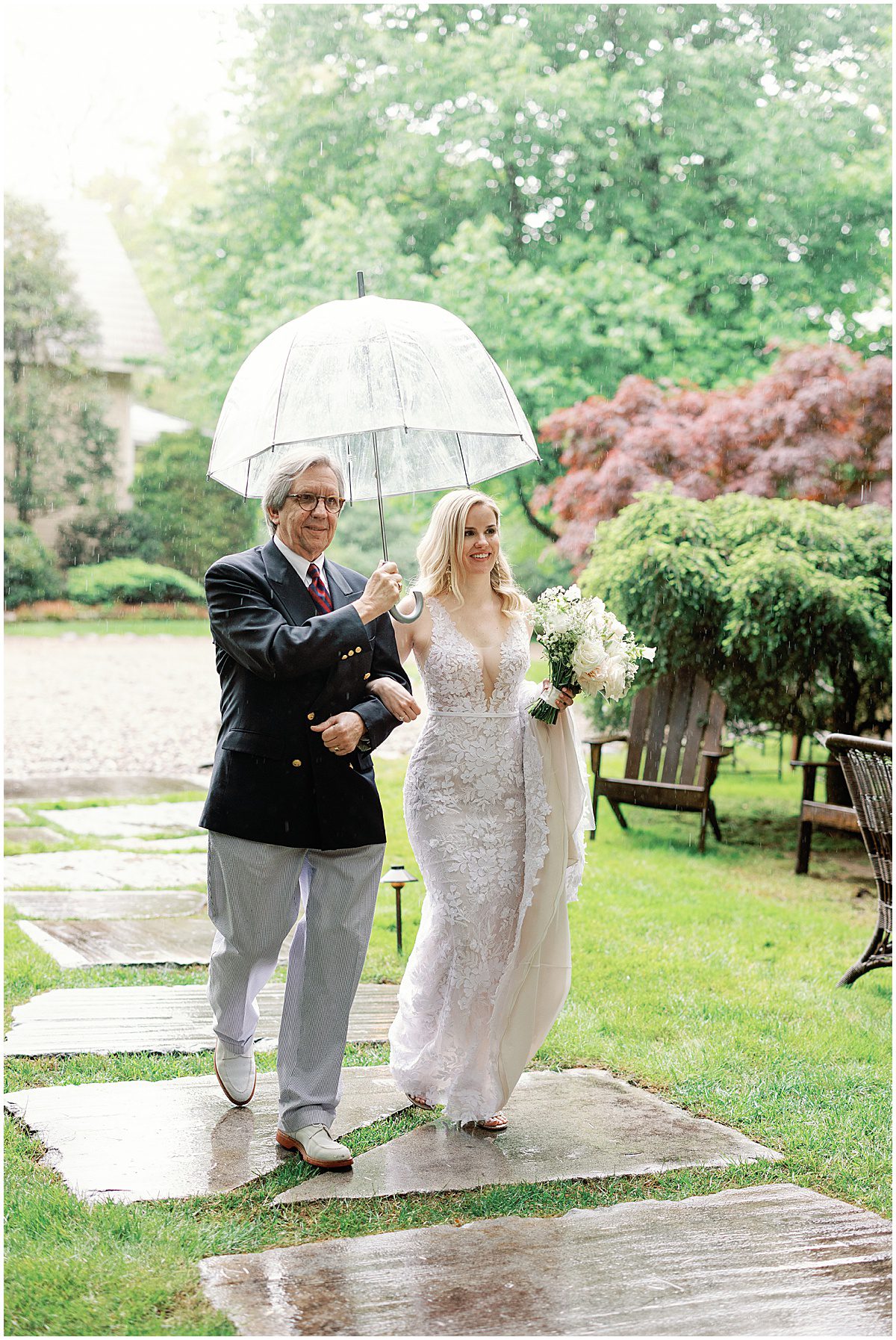 Father of the Bride Walking Bride in The Rain Photo