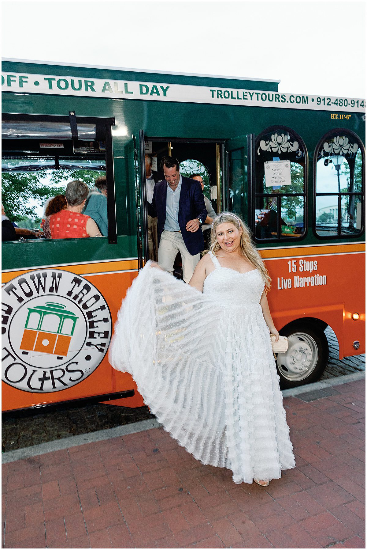 Bride Getting Off Trolley In Savannah Georgia Photo