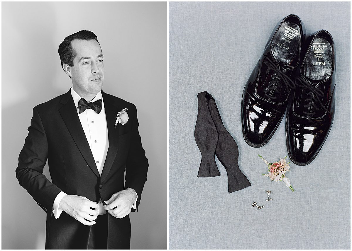Black and White of Groom Buttoning Jacket and His Details Shoes Tie and Cuff Links Photos