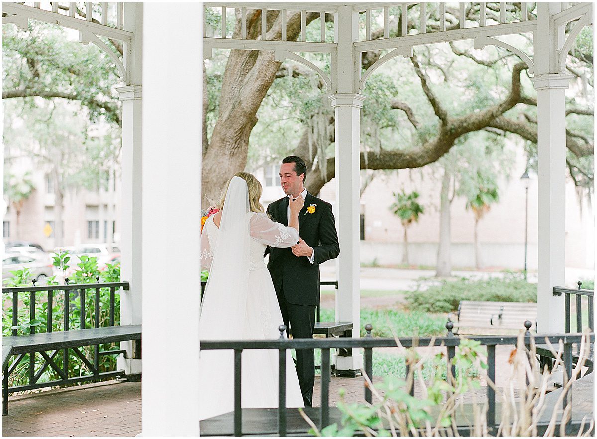Bride and Grooms First Look at Whitefield Square In Savannah Georgia Photo