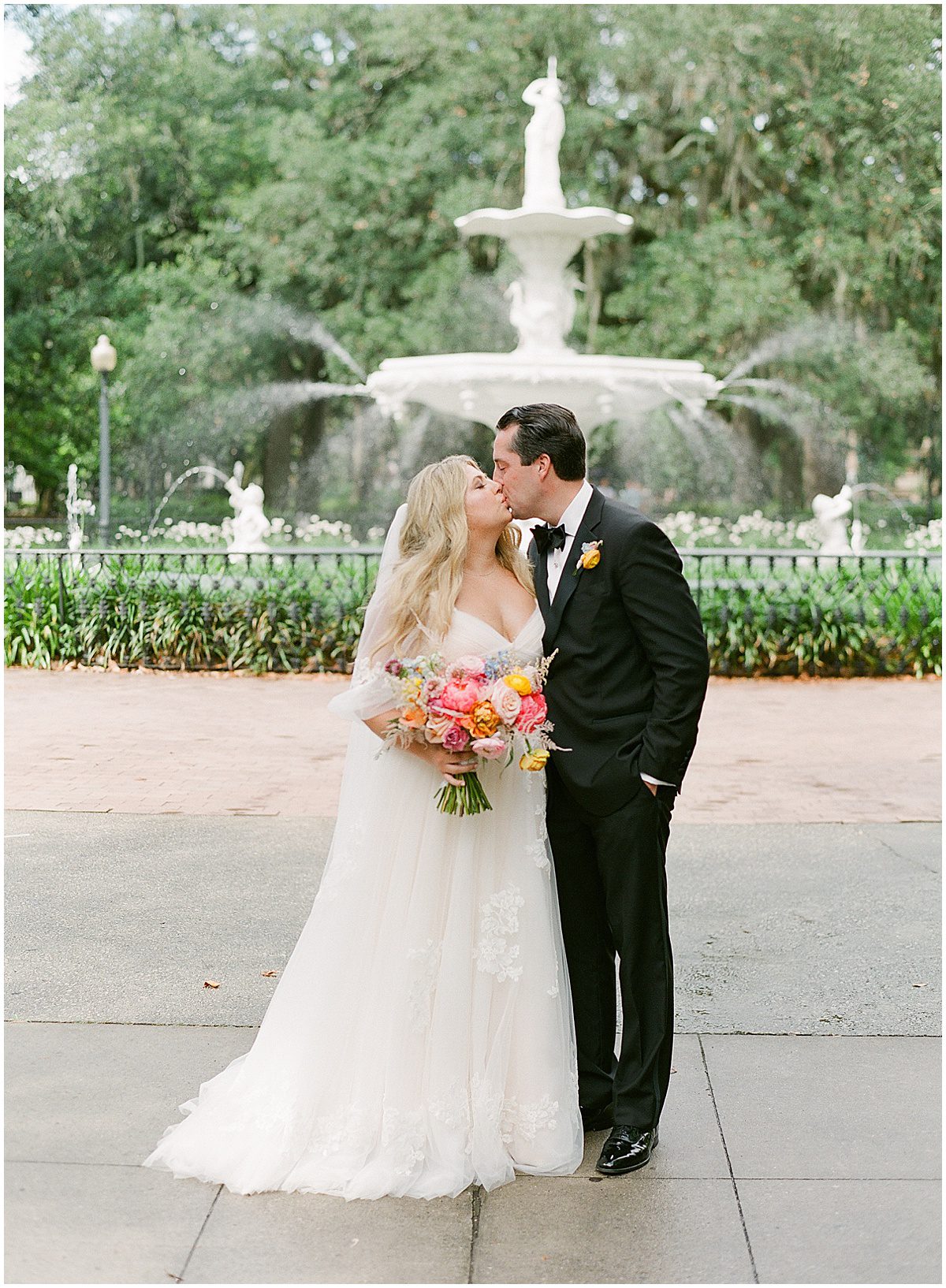 Savannah Wedding Bride and Groom Kissing at Forsyth Park Photo