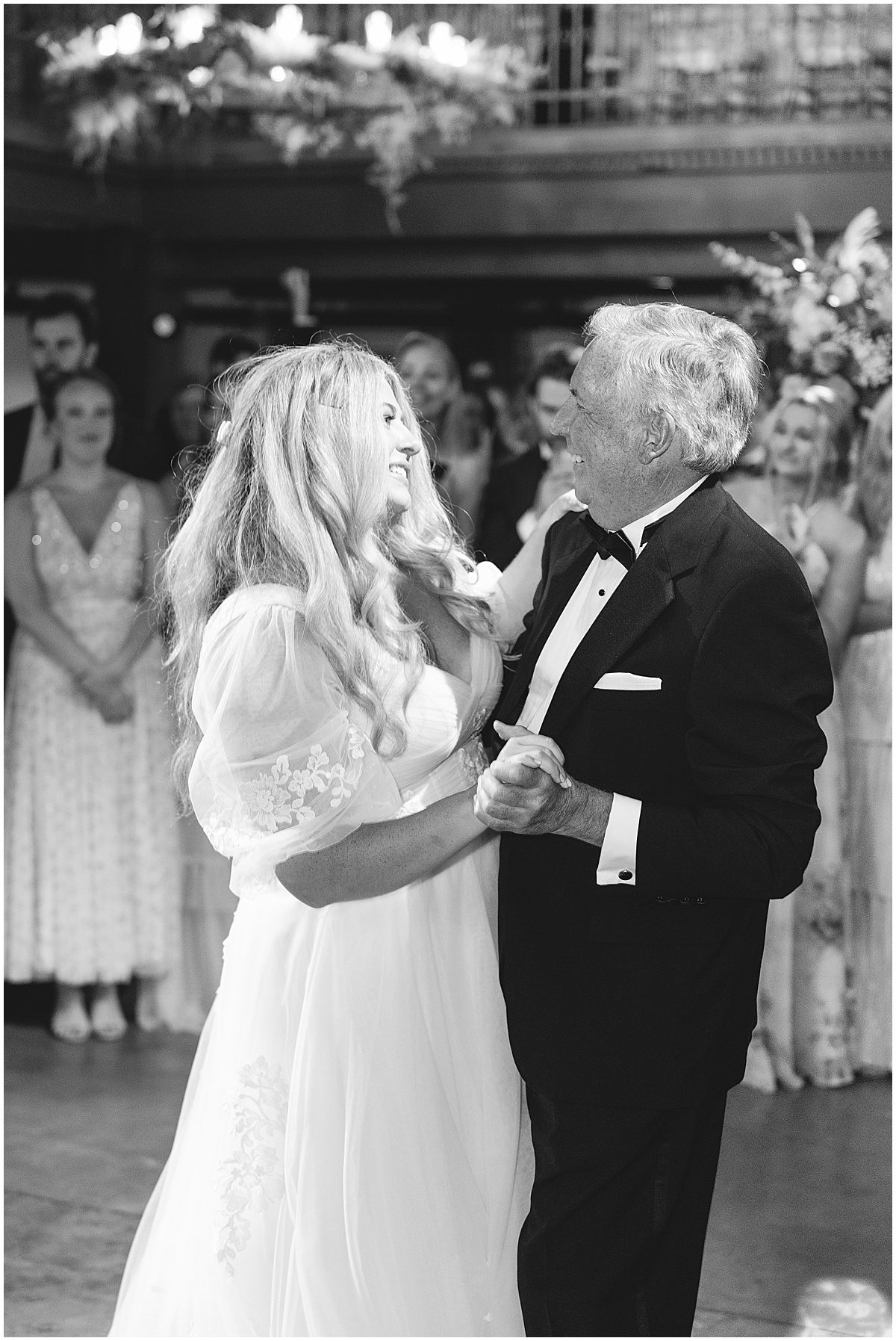 Black and White of Bride and Her Dad Dancing Photo