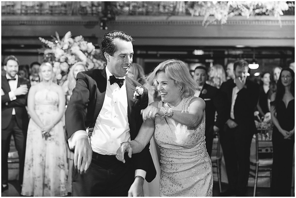 Black and White of Groom and His Mom Dancing Photo