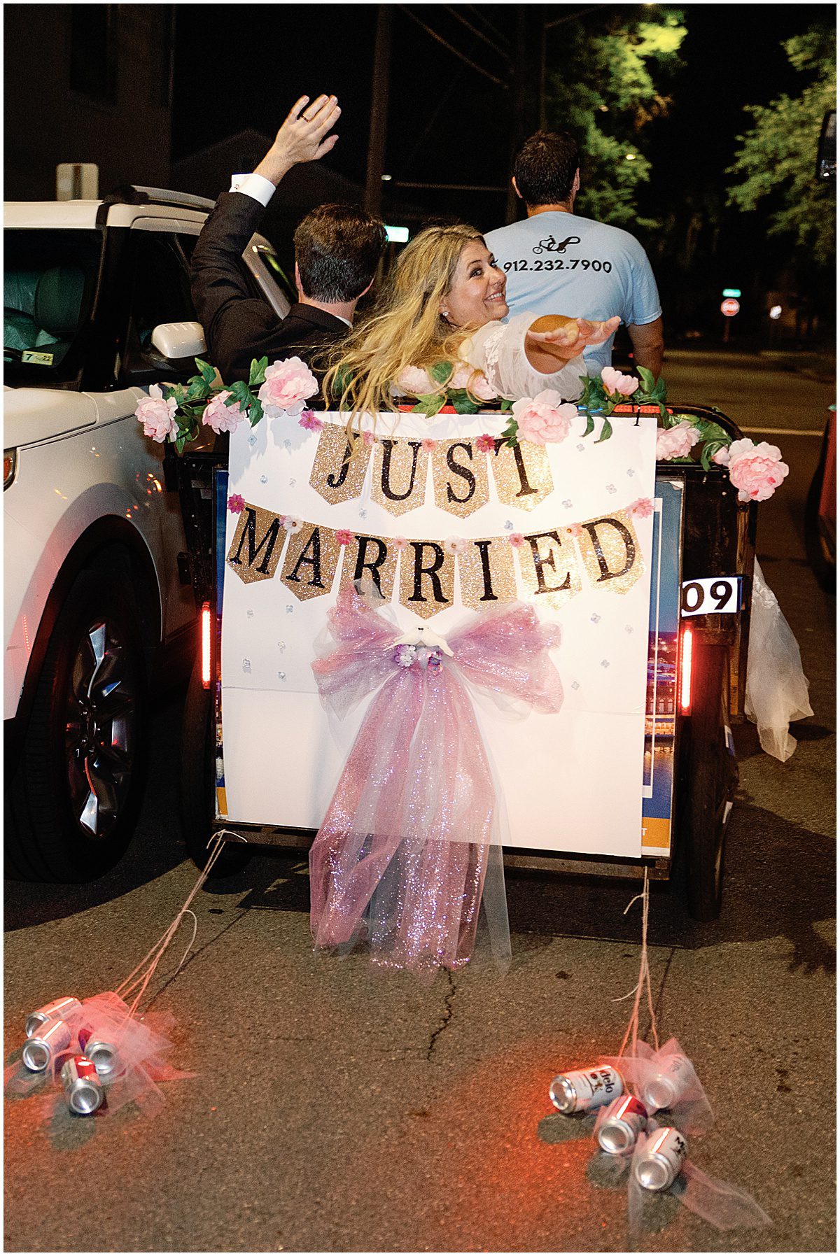 Bride and Groom Exiting Wedding in a Pedicab at Savannah Wedding Photo