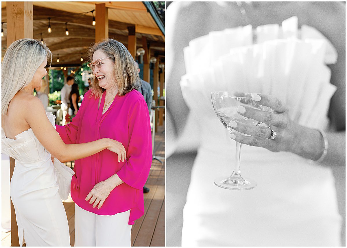 Bride Hugging Mom and Detail of Ring and Champagne Glass Photos
