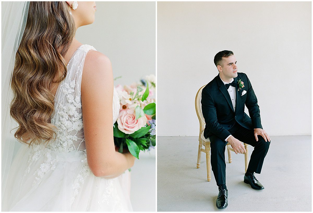 Detail of Brides Dress and Groom Sitting in Chair at The Ridge Asheville Photos