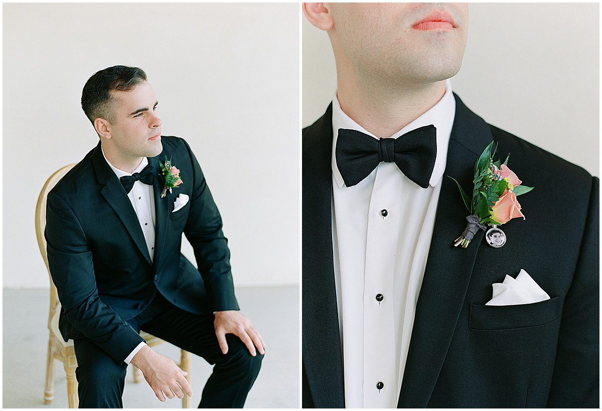 Groom Sitting and Detail of Boutonniere Photos