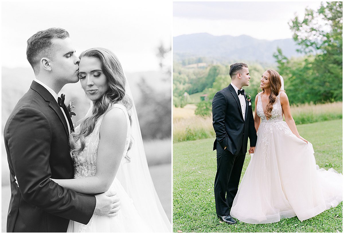 Black and White of Groom Kissing Bride and Couple Smiling at Each Other Photos