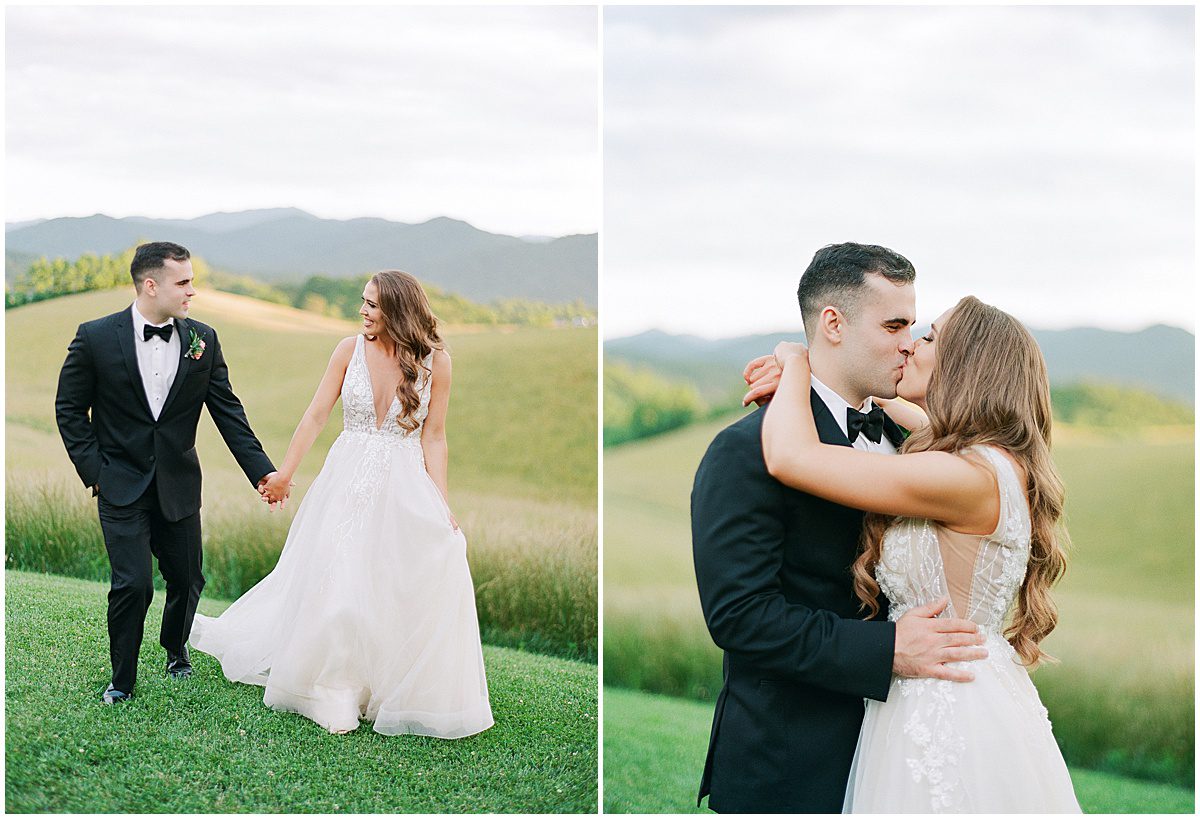 Bride and Groom Holding Hands and Kissing Photos