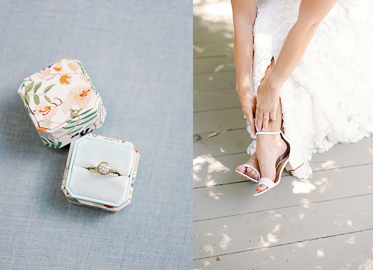 Brides Rings in Ring Box and Bride Putting on shoes Photos