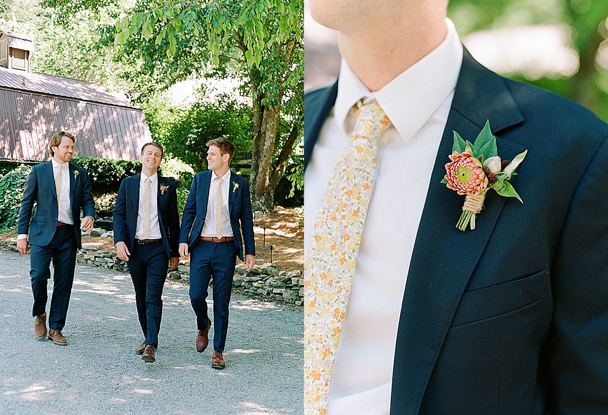 Groom Walking with Groomsmen and Detail of a Boutonniere Photo
