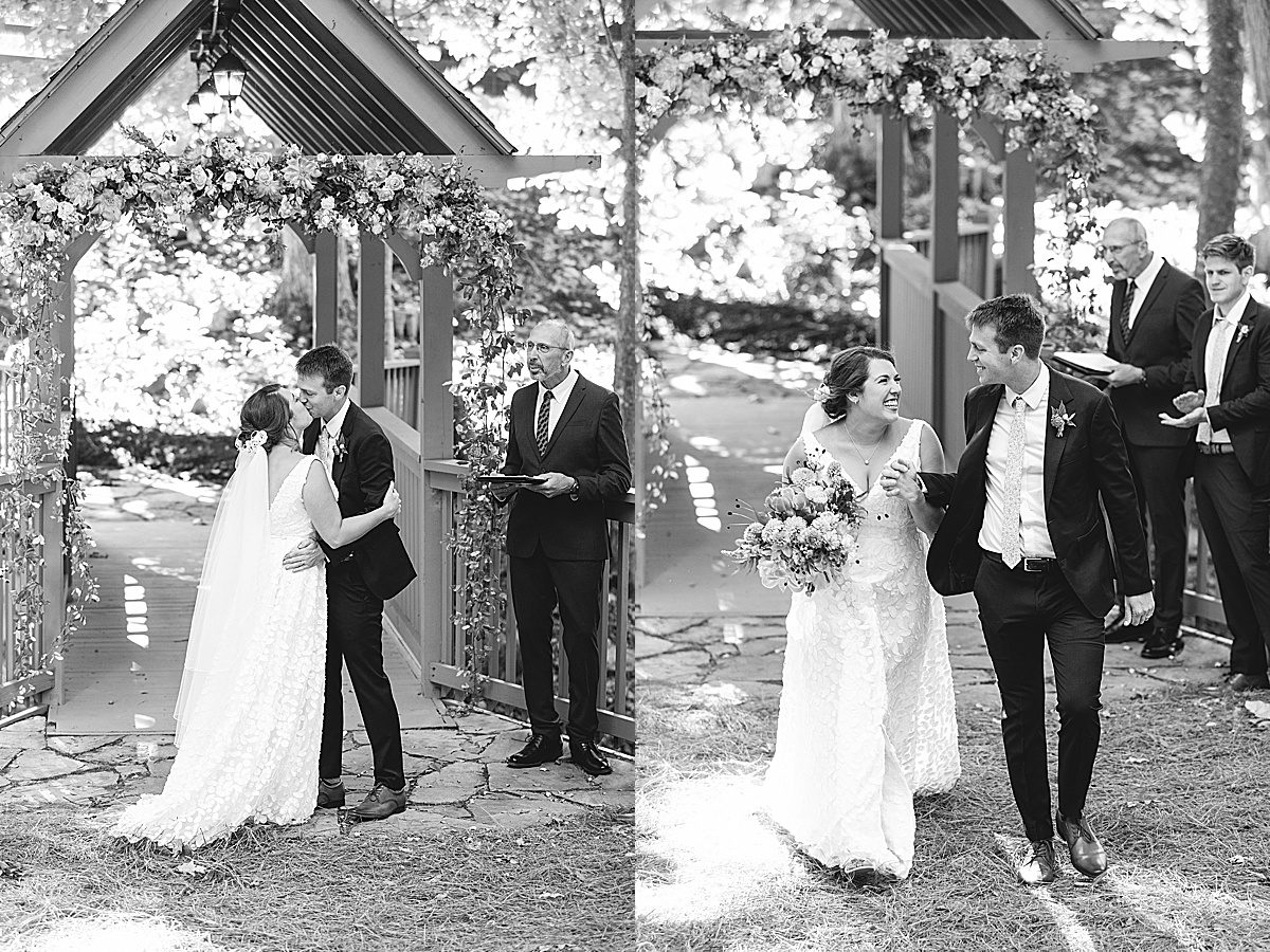 Black and White of Bride and Groom First Kiss and Ceremony Exit Photos