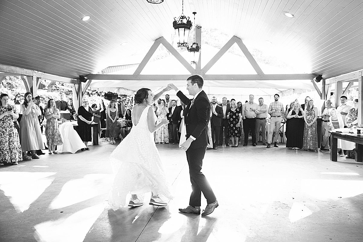 Wedding at Hawkesdene Estate Black and White of Bride and Groom First Dance Photo