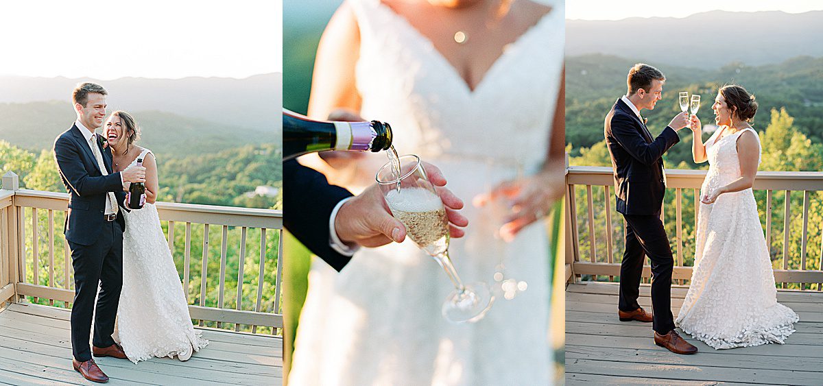 Bride and Groom Popping Champagne Photos
