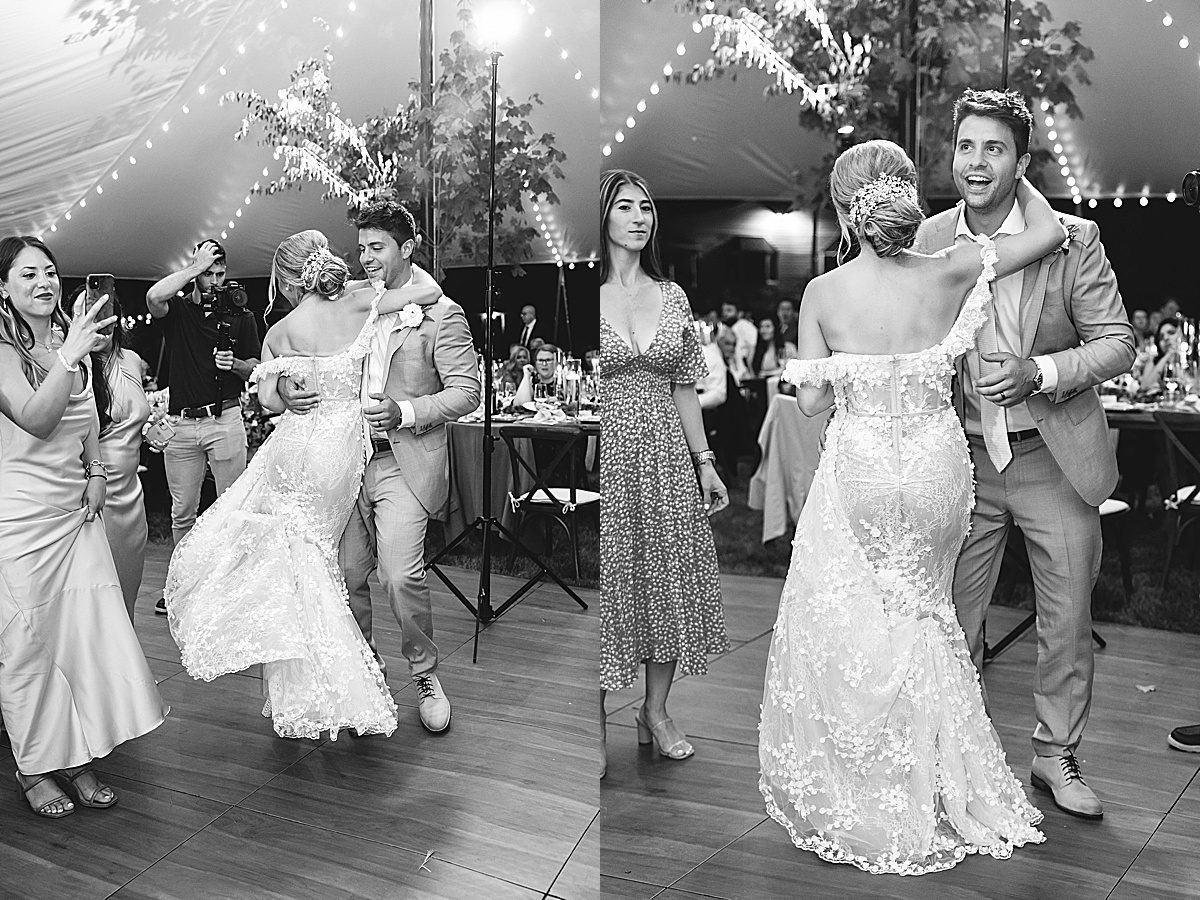 Black and White of Bride and Groom Dancing Photos