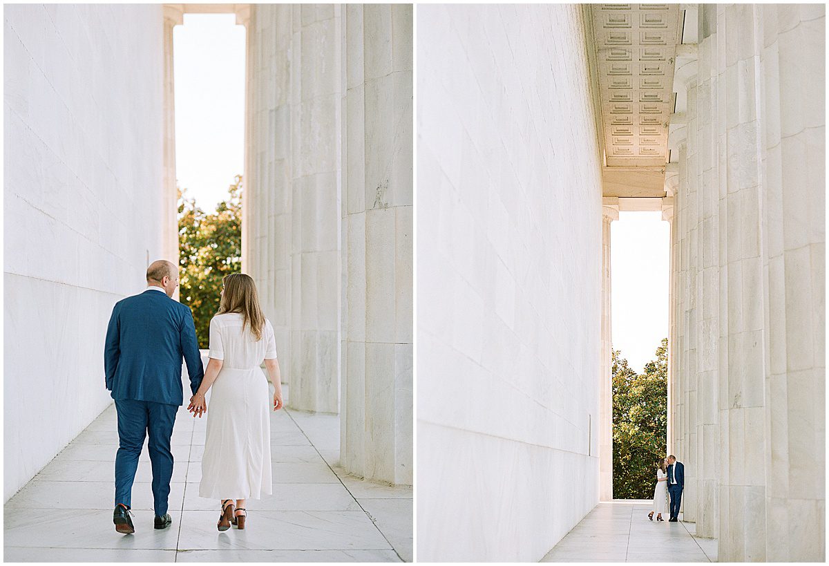 Luxury Washington DC Photographer Couple Holding Hands and Leaning Against Pillar Photos