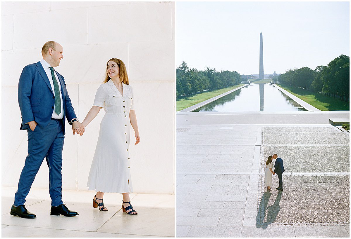 Couple Holding Hands and Couple Kissing with Washington Monument in Background Photos