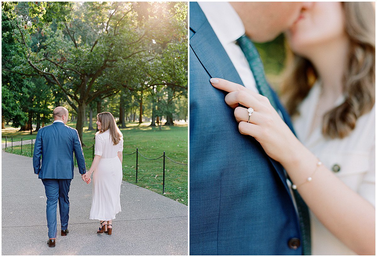 Couple Walking In Park and Detail of Bride Holding Grooms Jacket Photos