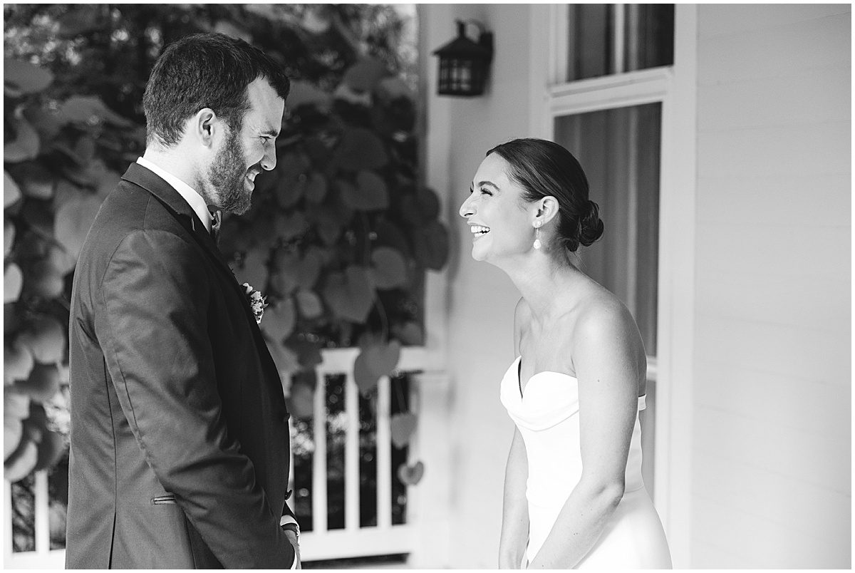 Black and White of Bride and Groom Laughing Photo