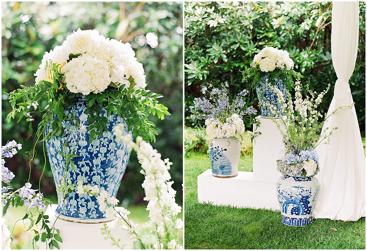 Wedding Ceremony Decor White and Blue Vases of Flowers Photos