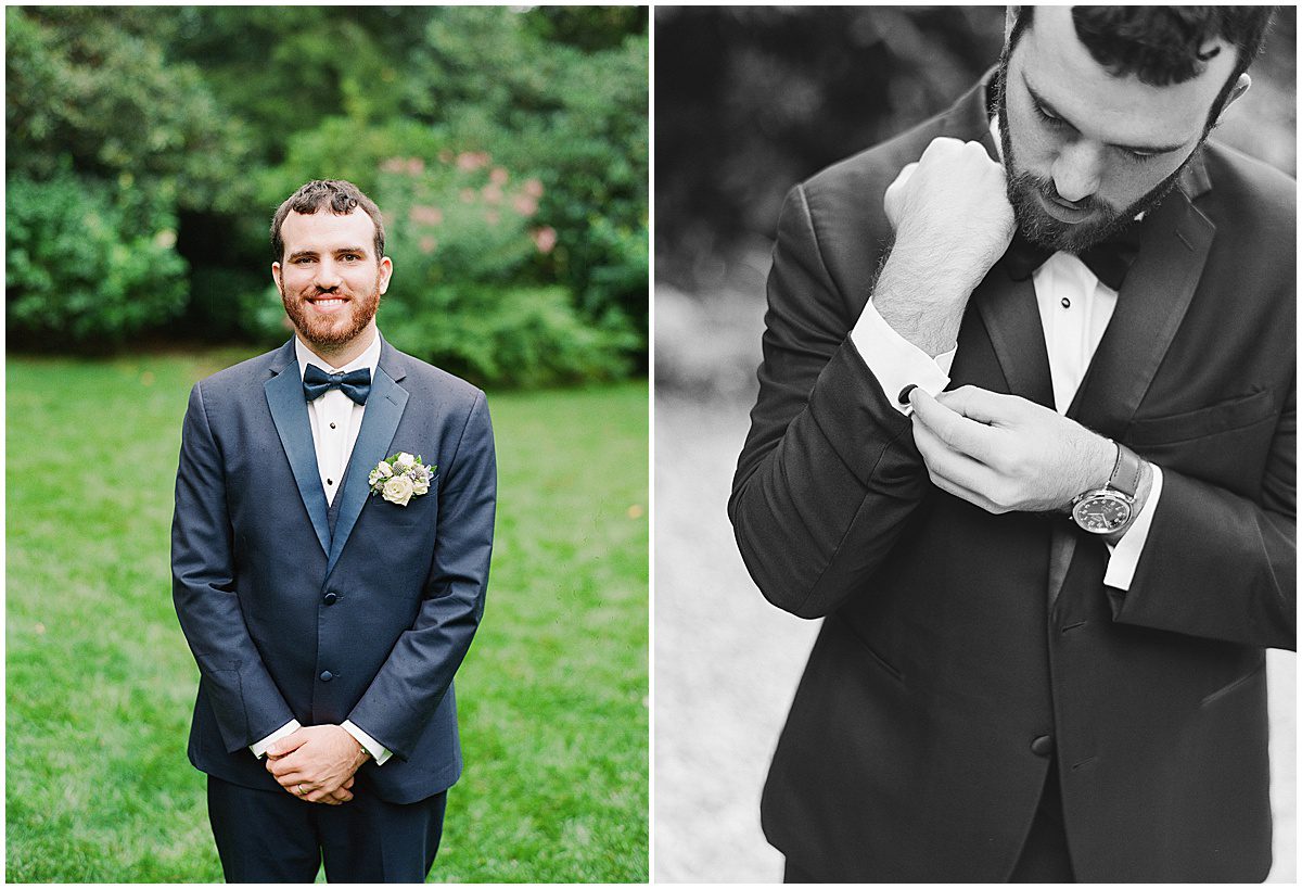 Groom Smiling at Camera and Black and White of Groom Buttoning Sleeve Photos