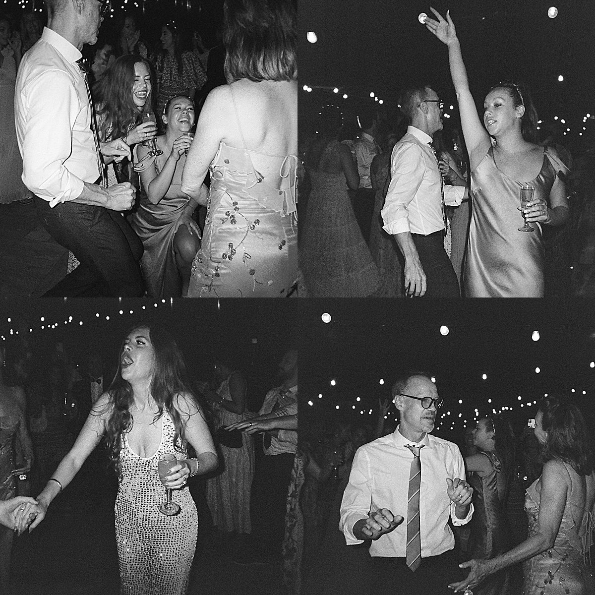Black and whites of wedding guests dancing photos