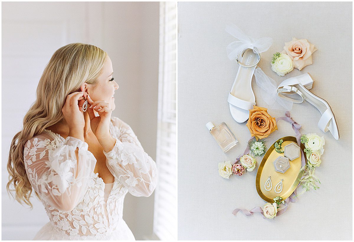 Bride Putting in Earrings and Bridal Details Photos