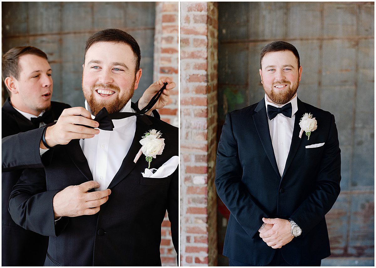 Groom Laughing putting on tie and Groom Smiling Photos