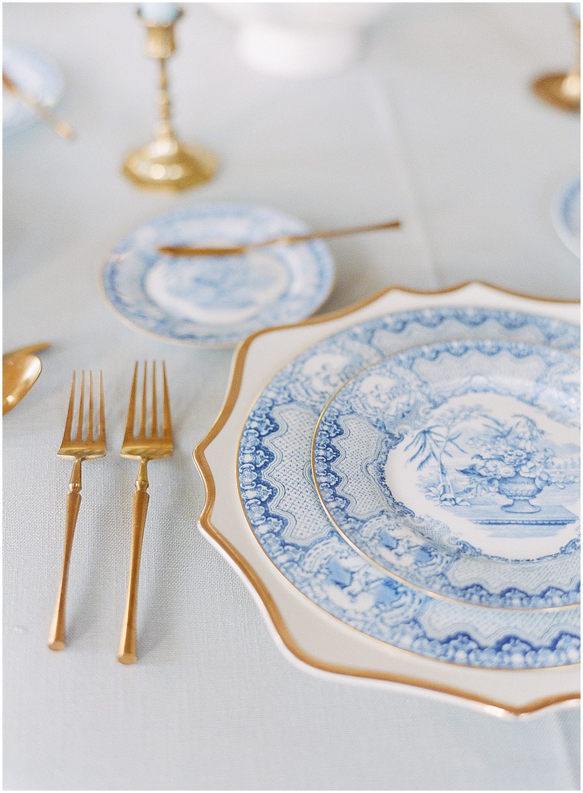 Detail of Wedding Reception Table with Blue China Plates Photo