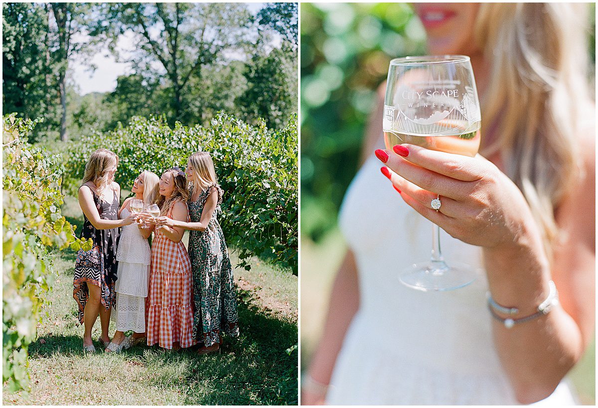Bride with Bridesmaids and Bride Holding Glass of Wine Photos