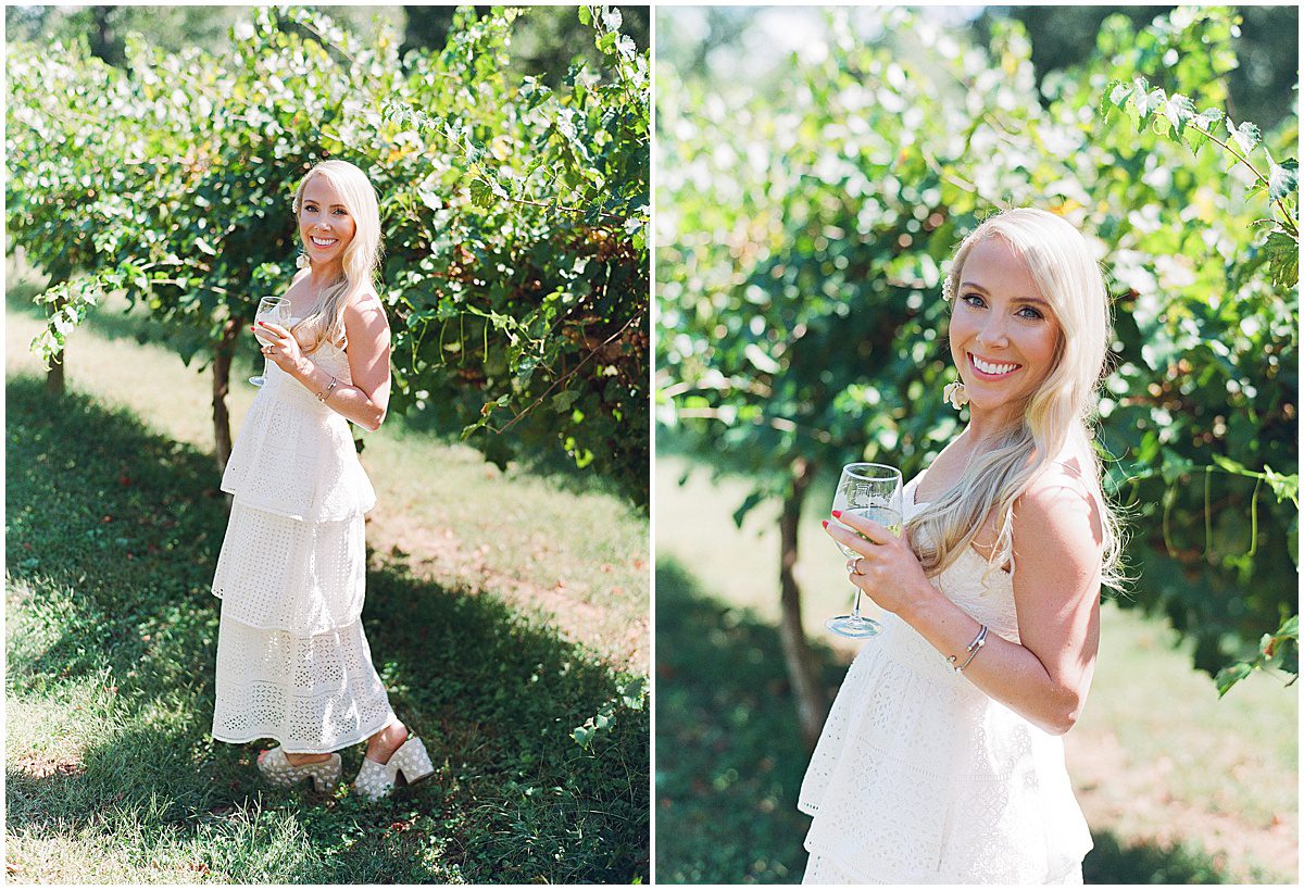 Bride to Be Holding a Glass of Wine in Vineyard In Greenville SC Photos