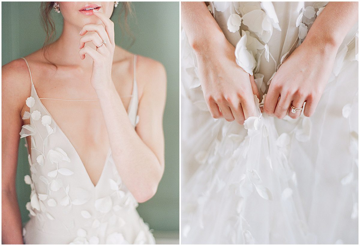 Bride With Hand By Mouth and Holding Dress Photos