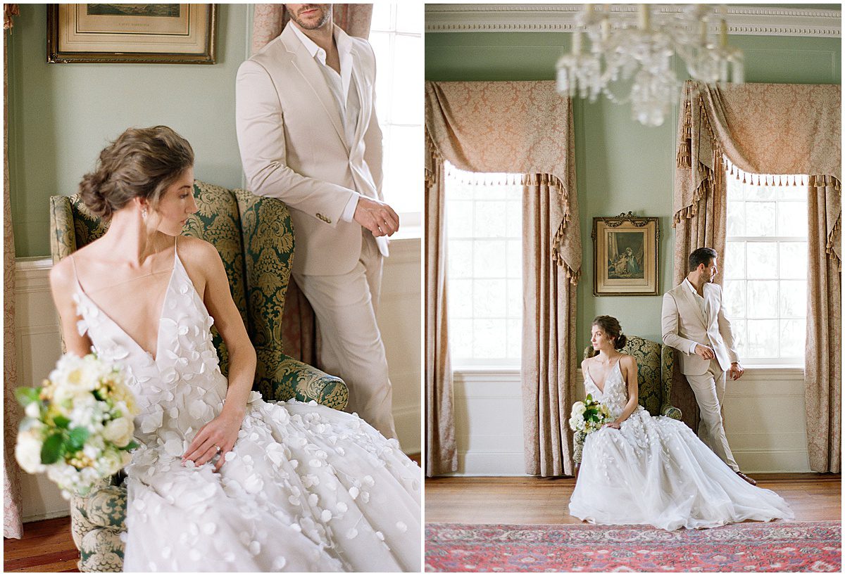Bride Sitting in Chair with Groom Leaning On Chair Photos