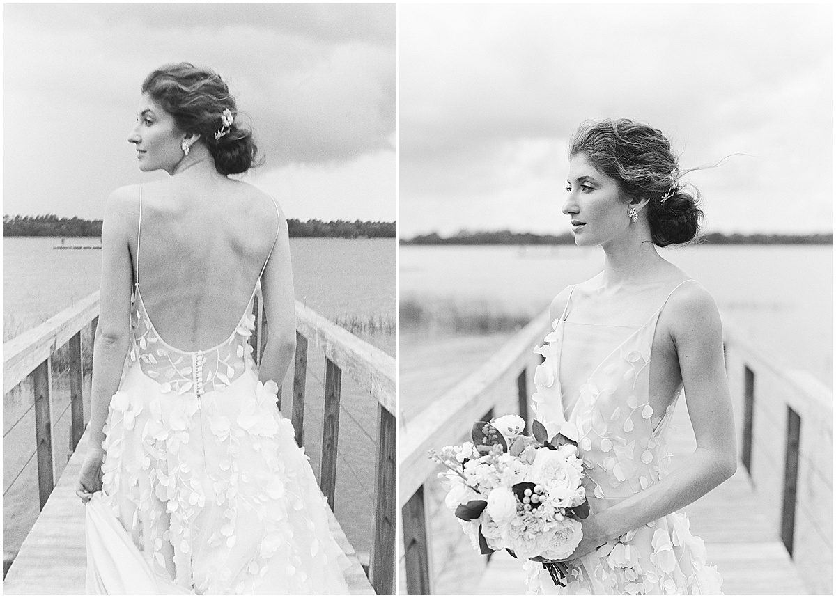 Black and White of Bride on Bridge at Lowndes Grove Wedding Venue in Charleston Photos