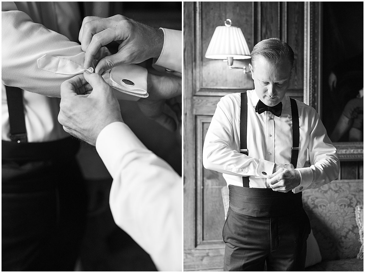 Black and White of Groom Getting Dressed at Old Edwards Inn Wedding Photos