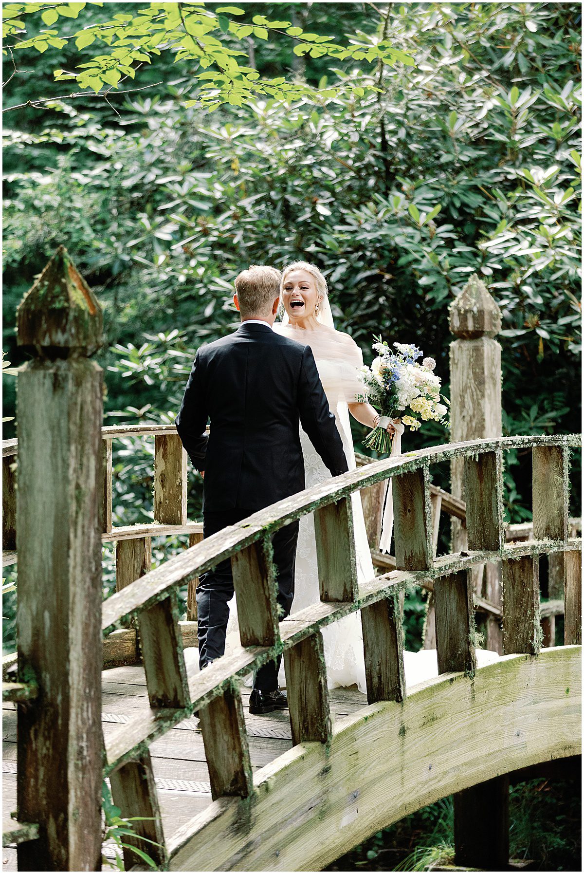 Bride and Groom First Look on Bridge at The Farm at Old Edwards Photo
