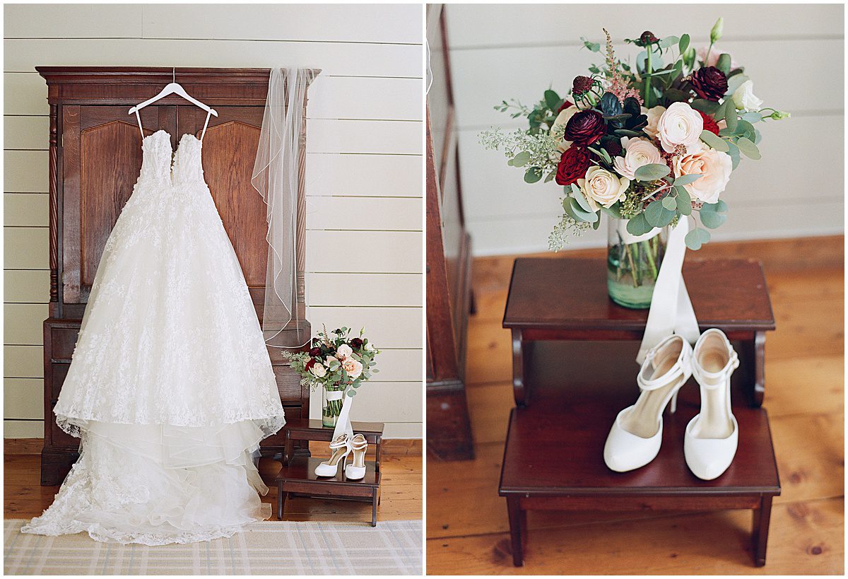 Brides Gown Hanging and Bouquet and Shoes Photos
