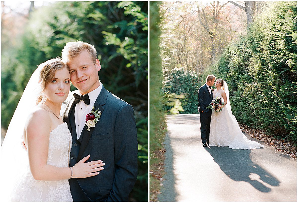 Bride and Groom Hugging In Row Of trees Photos