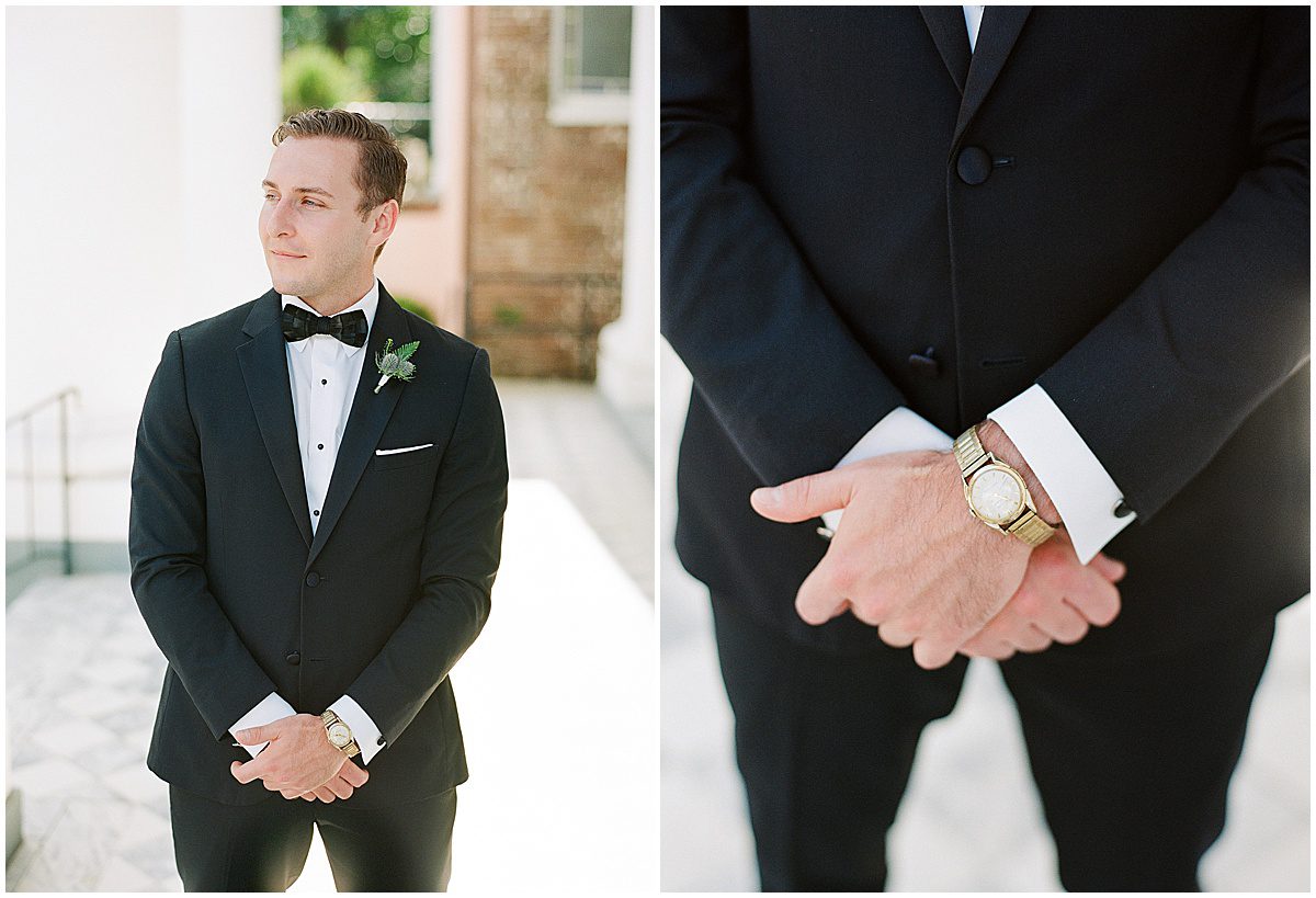 Groom Looking off on front steps of church photos