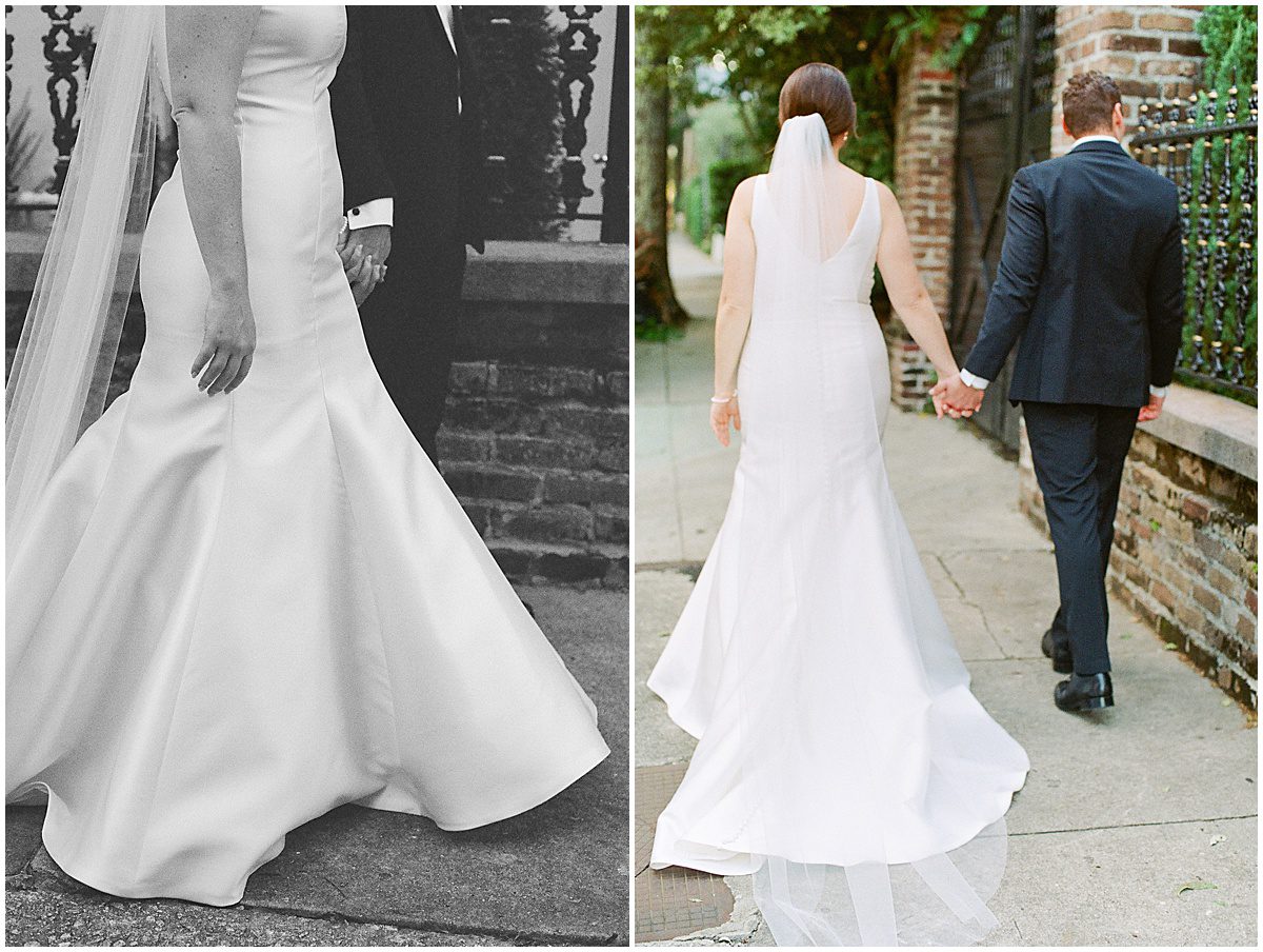 Black and White of Brides Gown and Bride and Groom Holding Hands Photos