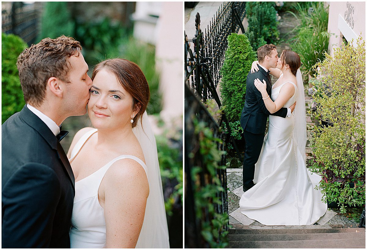 Bride and Groom Kissing in Front of Charleston Wedding Venue The Parsonage Photos