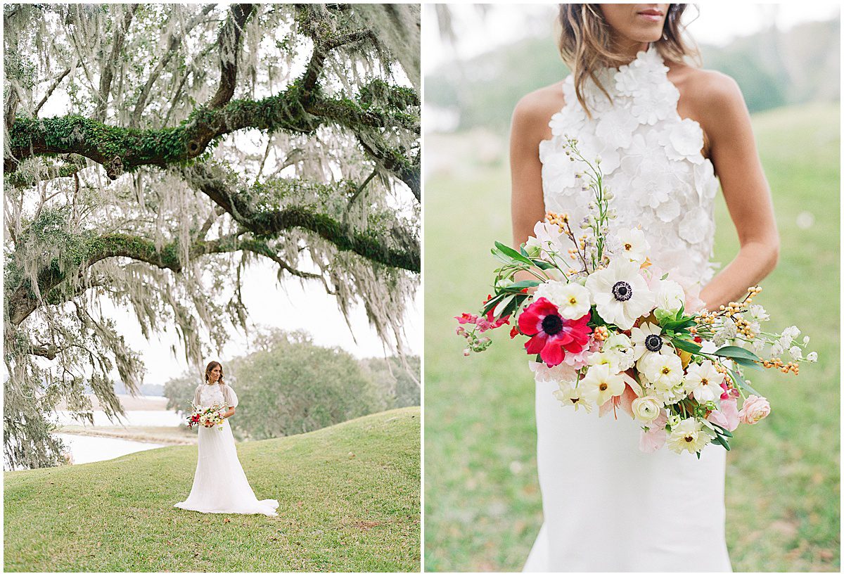 Bride Holding Bouquet under Spanish Moss Trees at Middleton Place Photos