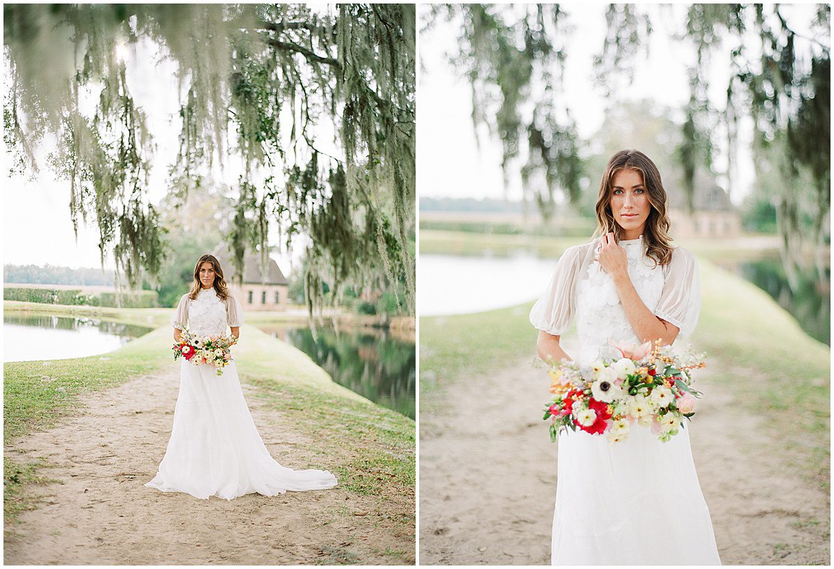 Bride Holding Bouquet under Spanish Moss at Middleton Place Photos