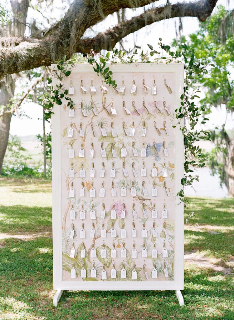 Luggage tag seating chart for wedding in Runnymede, Charleston