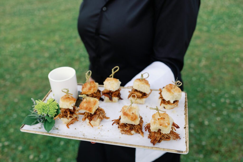 Hors d'oeuvres served at wedding cocktail hour at Runnymede wedding venue in Charleston SC  