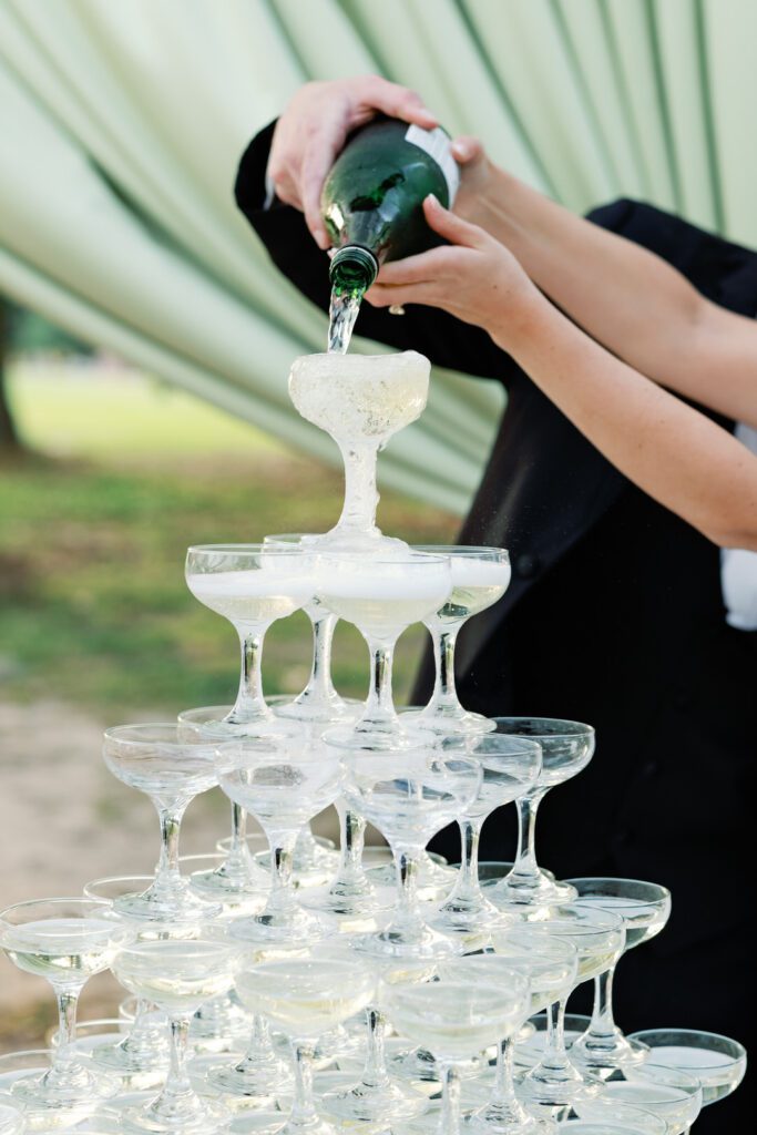 champagne tower at wedding reception 