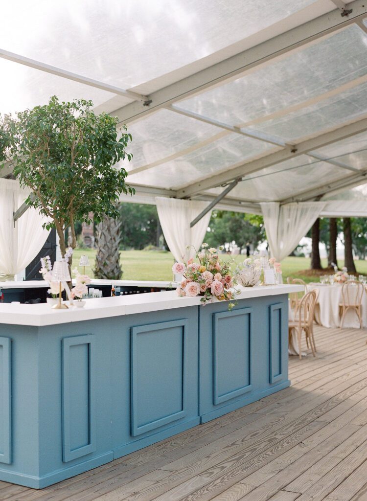 Deep sky blue wedding reception bar at Runnymede, Charleston SC